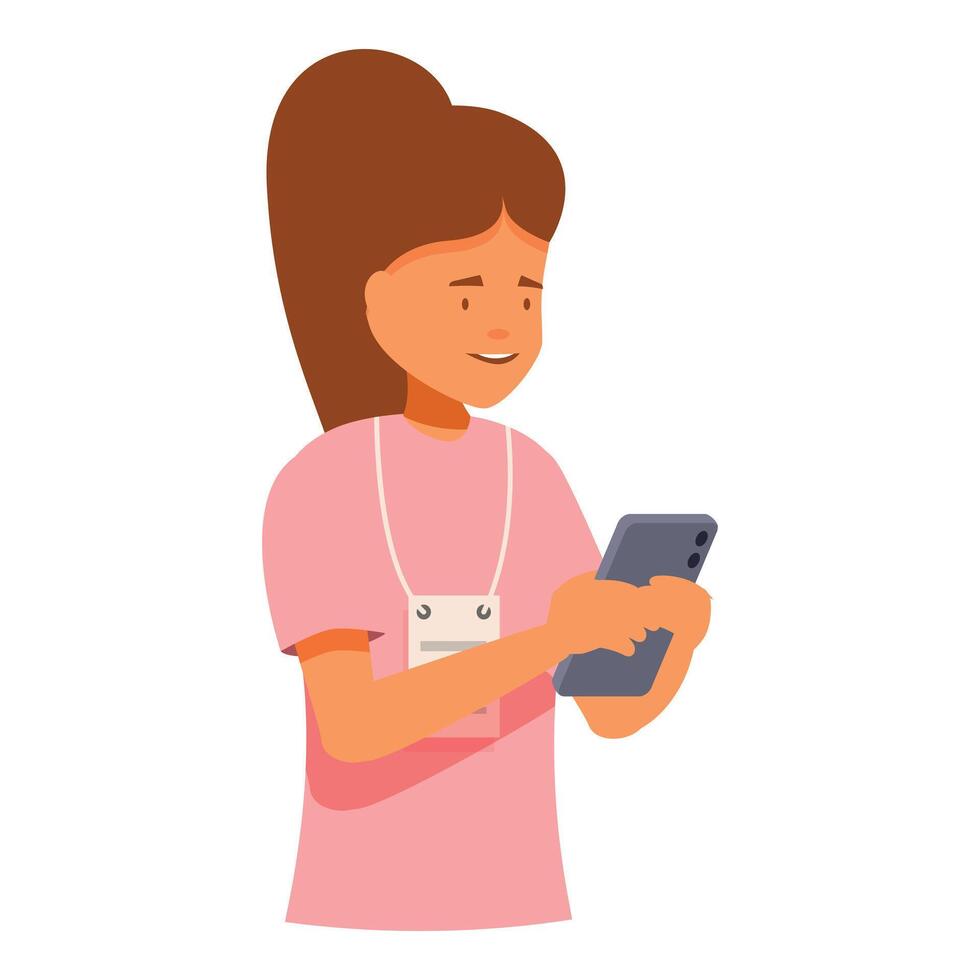 Young woman with badge using smartphone, communicating through technology vector