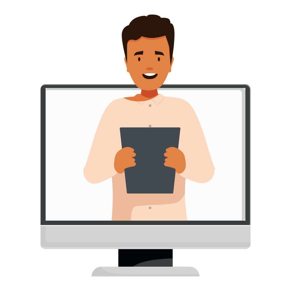Businessman holding a report, attending a conference on a desktop computer vector