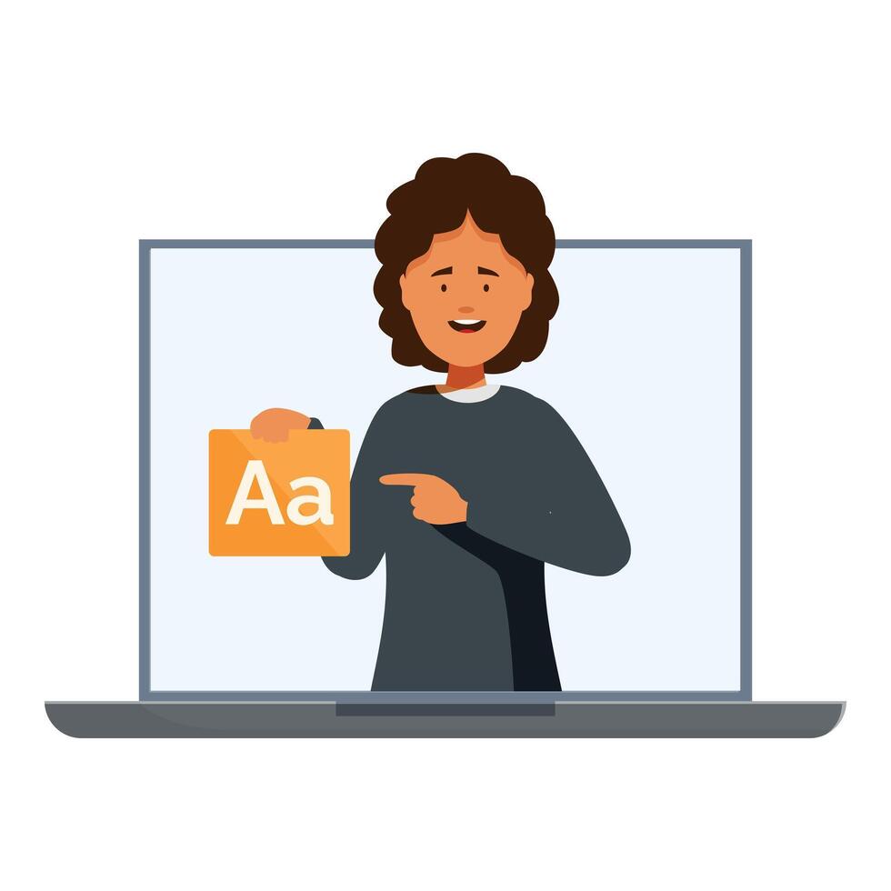 Smiling teacher showing font size inside laptop screen during online class vector