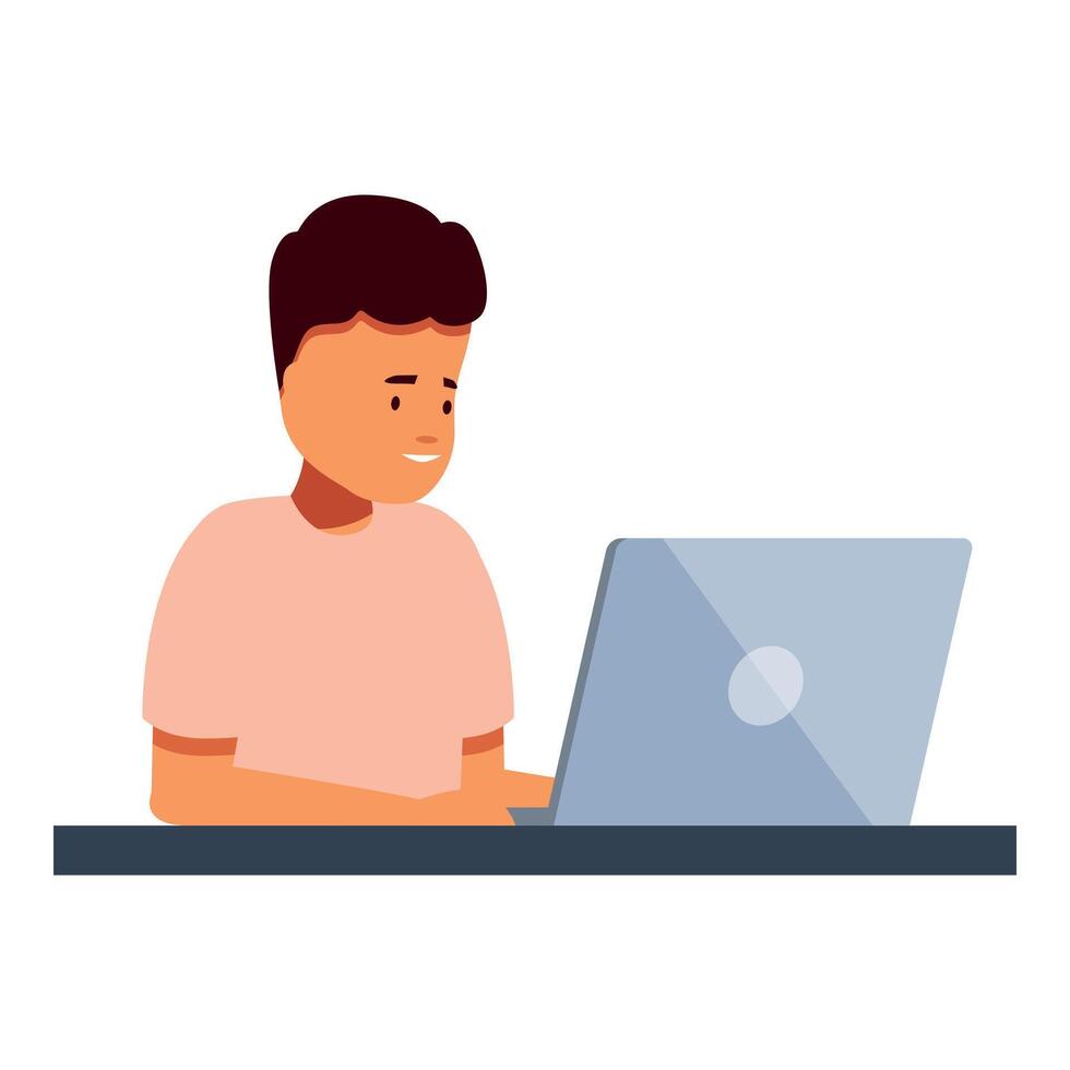 Young man working or studying using laptop computer, smiling and looking at screen vector
