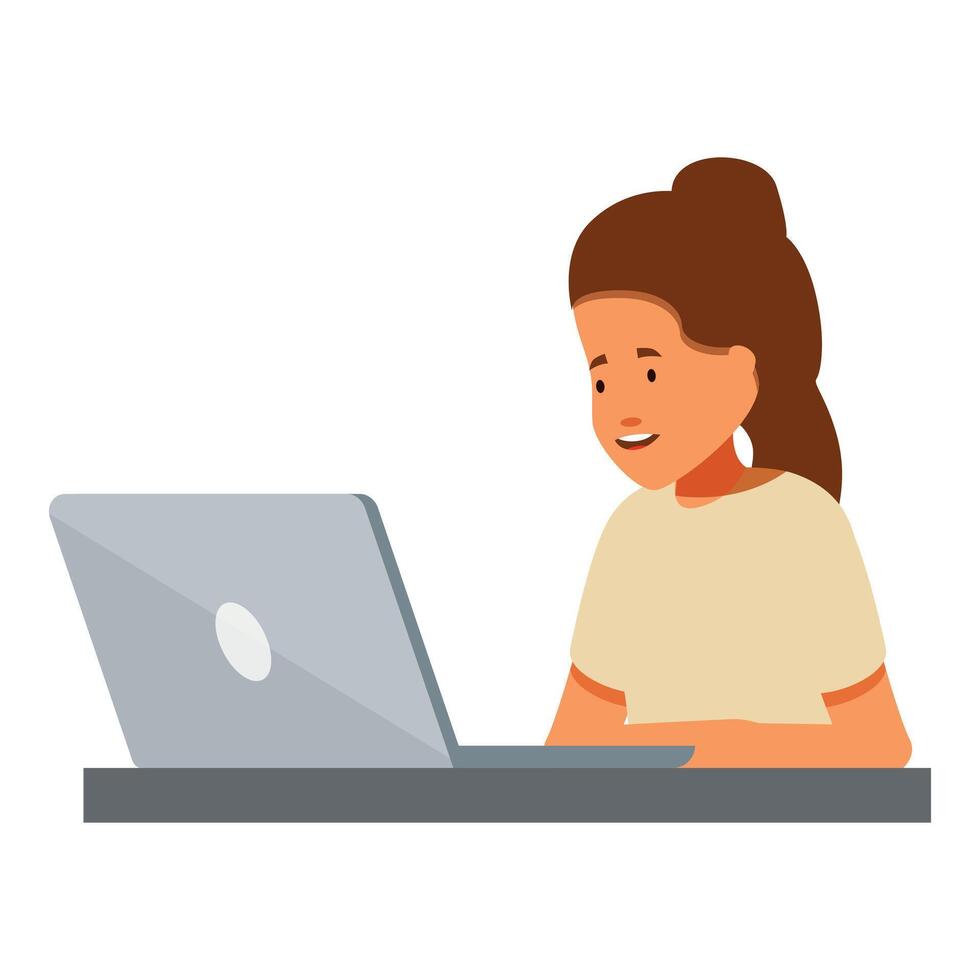 Young woman working on laptop at desk, smiling and using computer vector