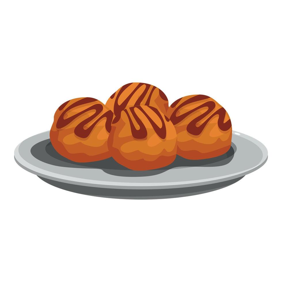 Delicious cream puffs with chocolate drizzle resting on a plate vector