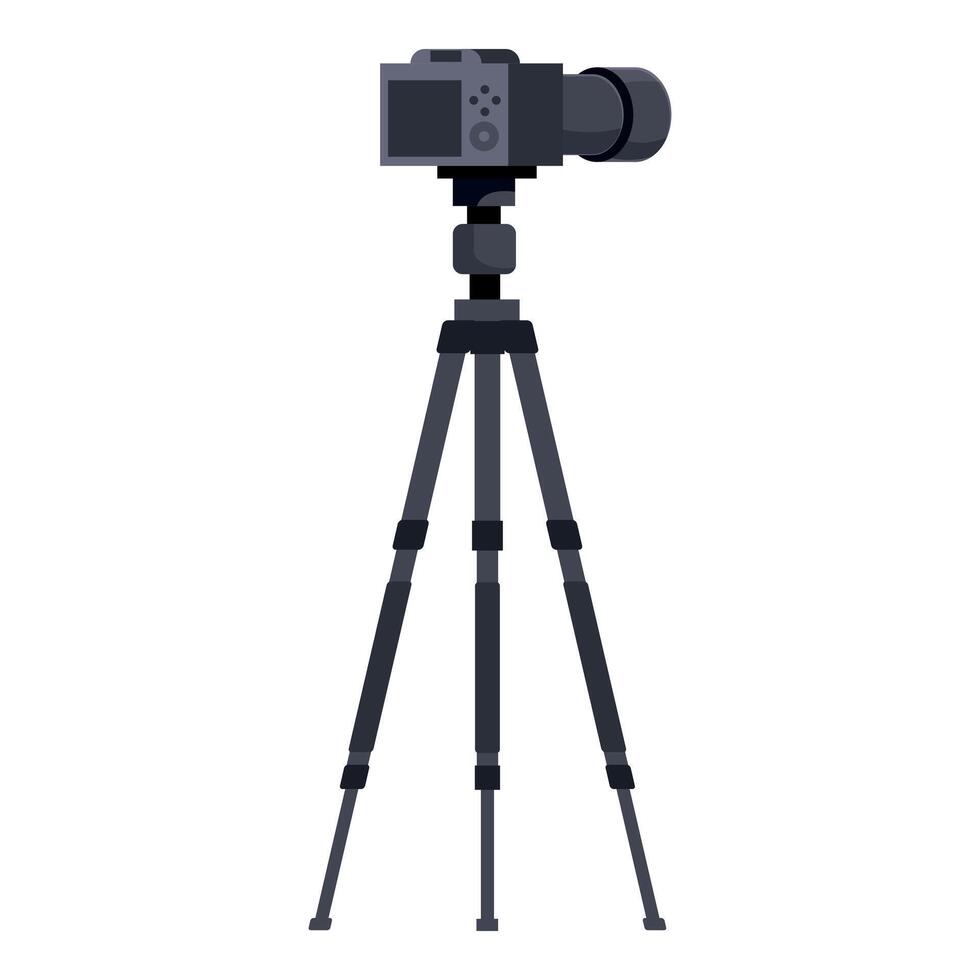 Modern digital camera mounted on tripod for stable recording vector