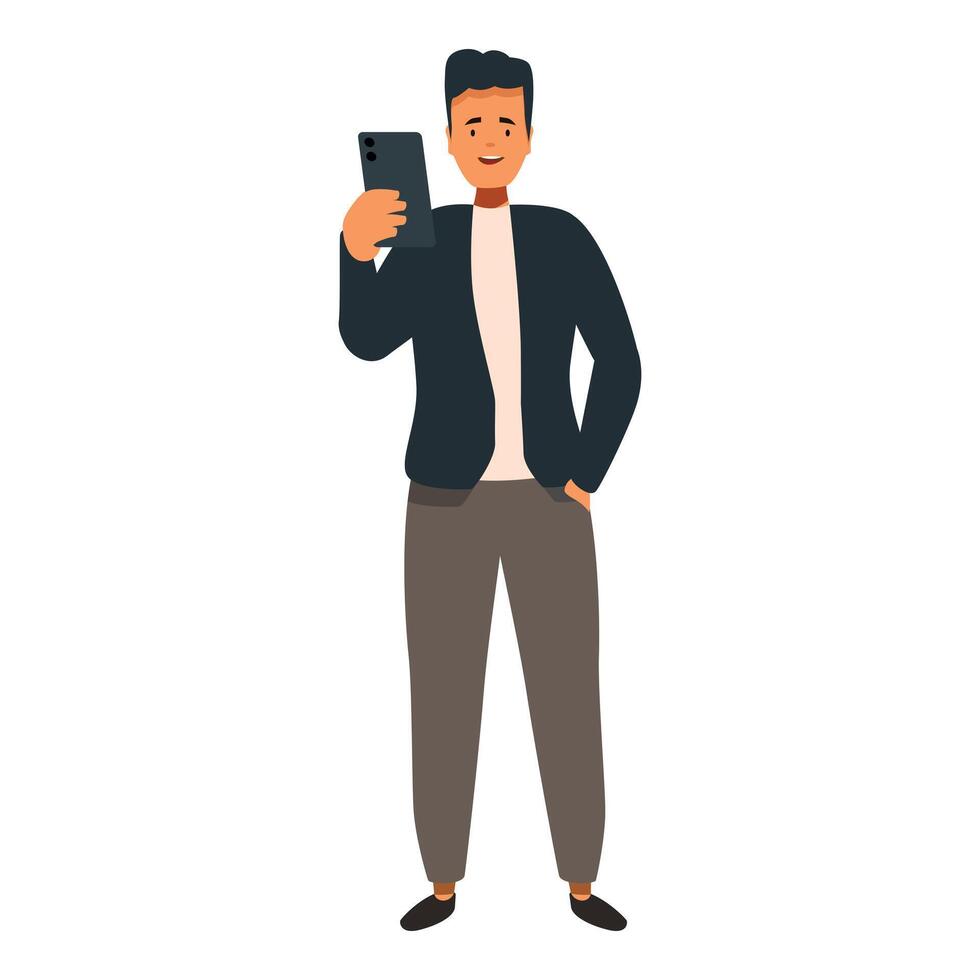 Happy manager using mobile phone, taking picture or vector