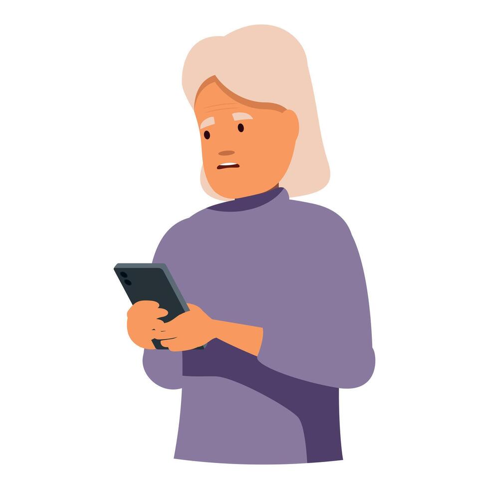 Confused senior woman using smartphone, elderly person struggling with technology vector