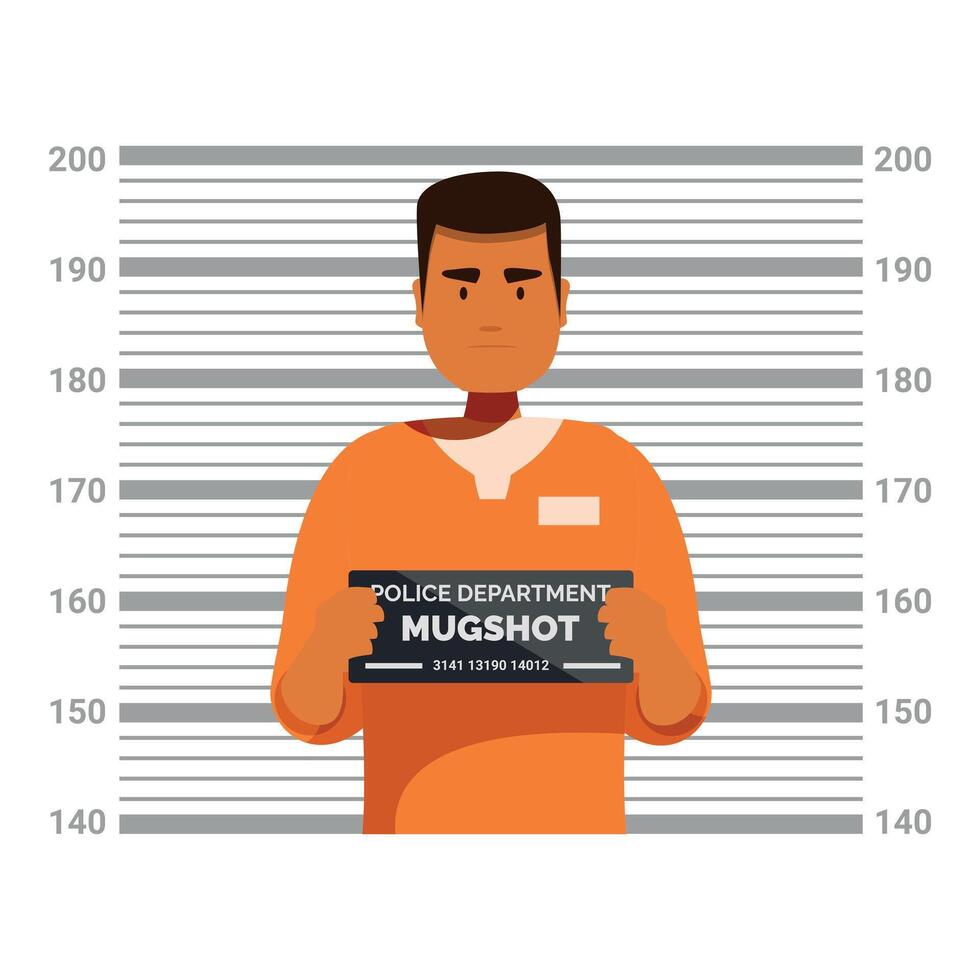 Prisoner wearing orange jumpsuit posing for mugshot during arrest procedure vector