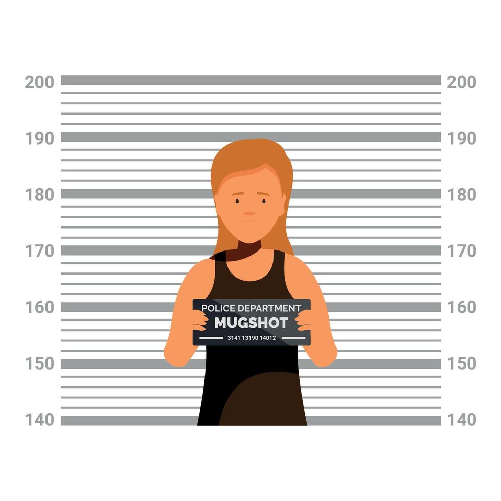 Woman posing for mugshot with height chart in background vector