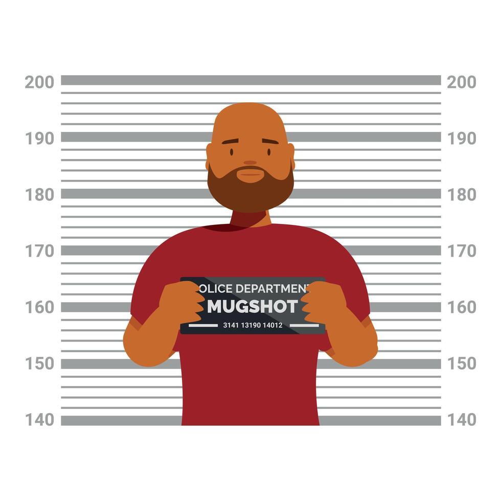 Criminal posing for mugshot with height chart in police department vector