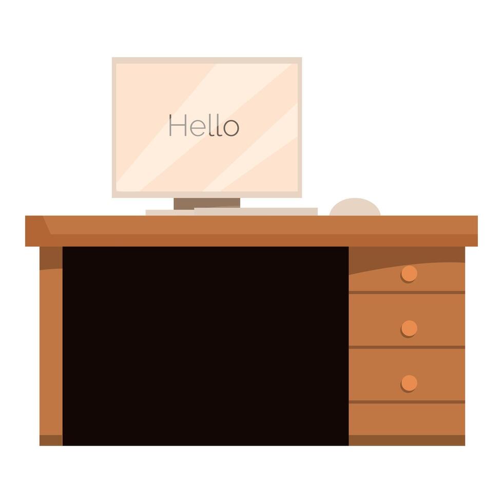 Modern office desk with computer displaying hello message vector