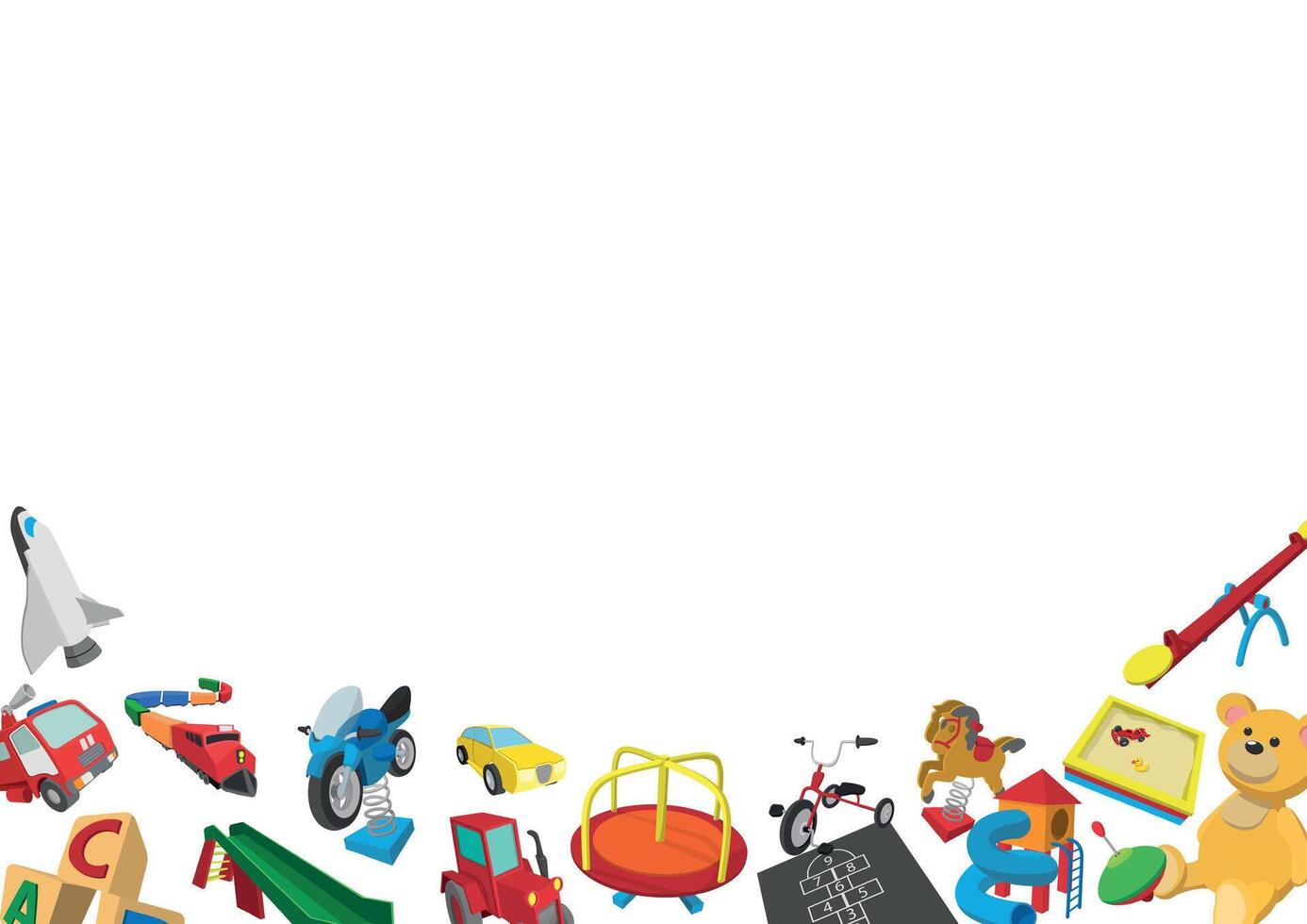 Cartoon toys frame creating a playful border on white background vector