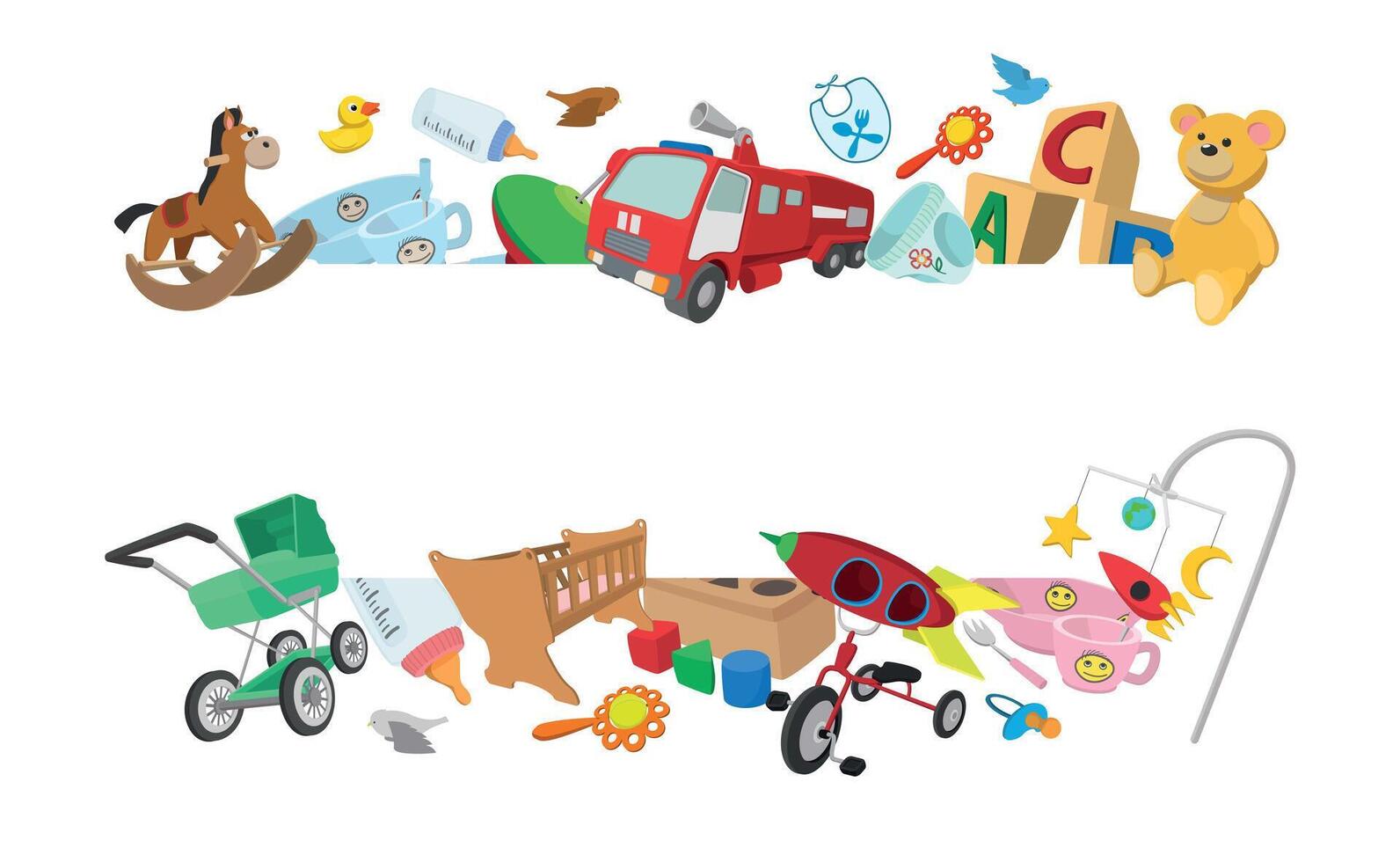 Baby toys and accessories forming a decorative border vector