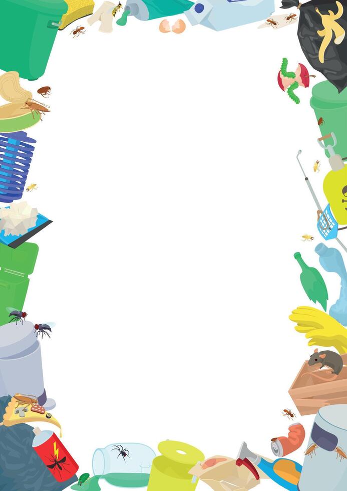 Garbage frame bordering waste disposal and pest control tools surrounding white copyspace vector