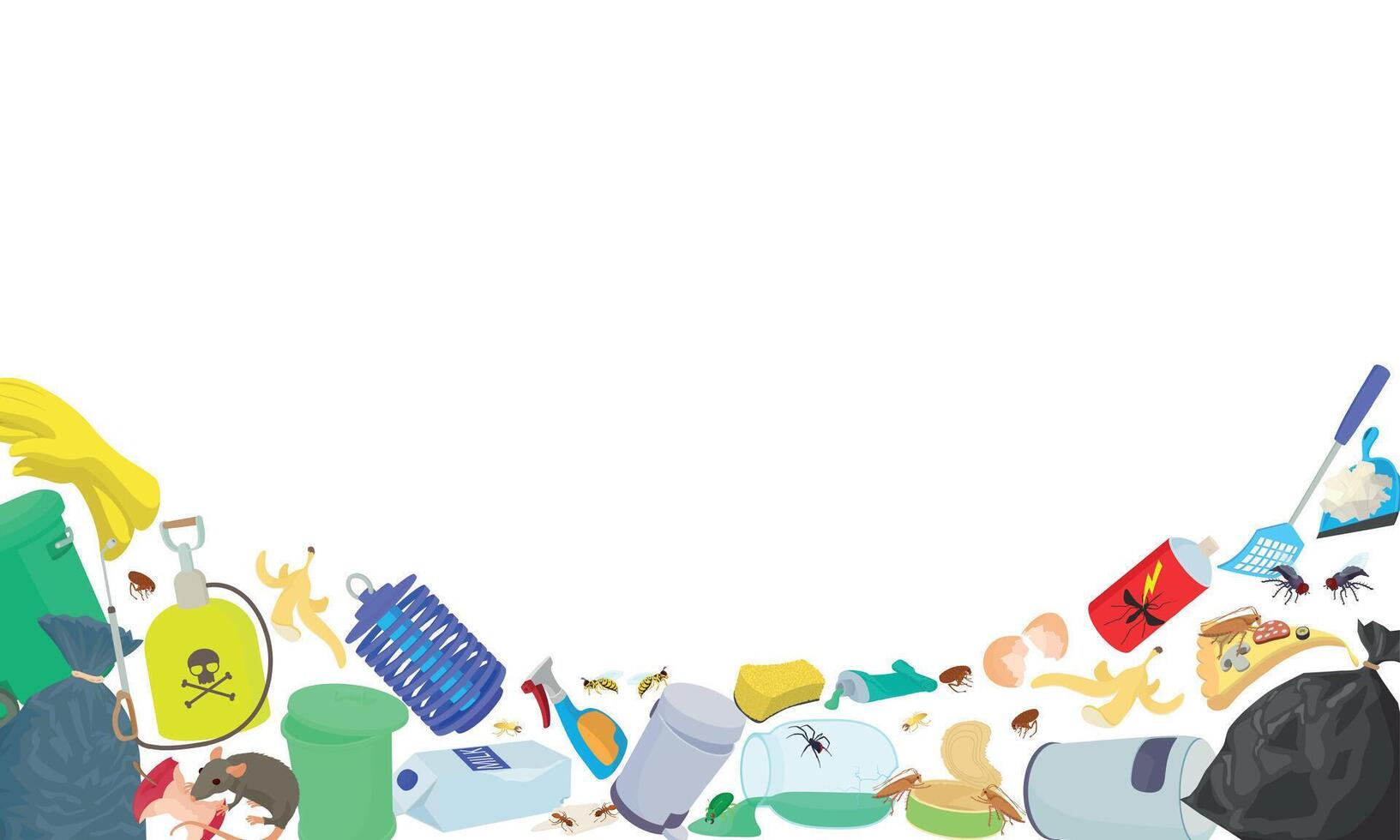 Pest control tools surrounding garbage, insects, and rodents on white background vector