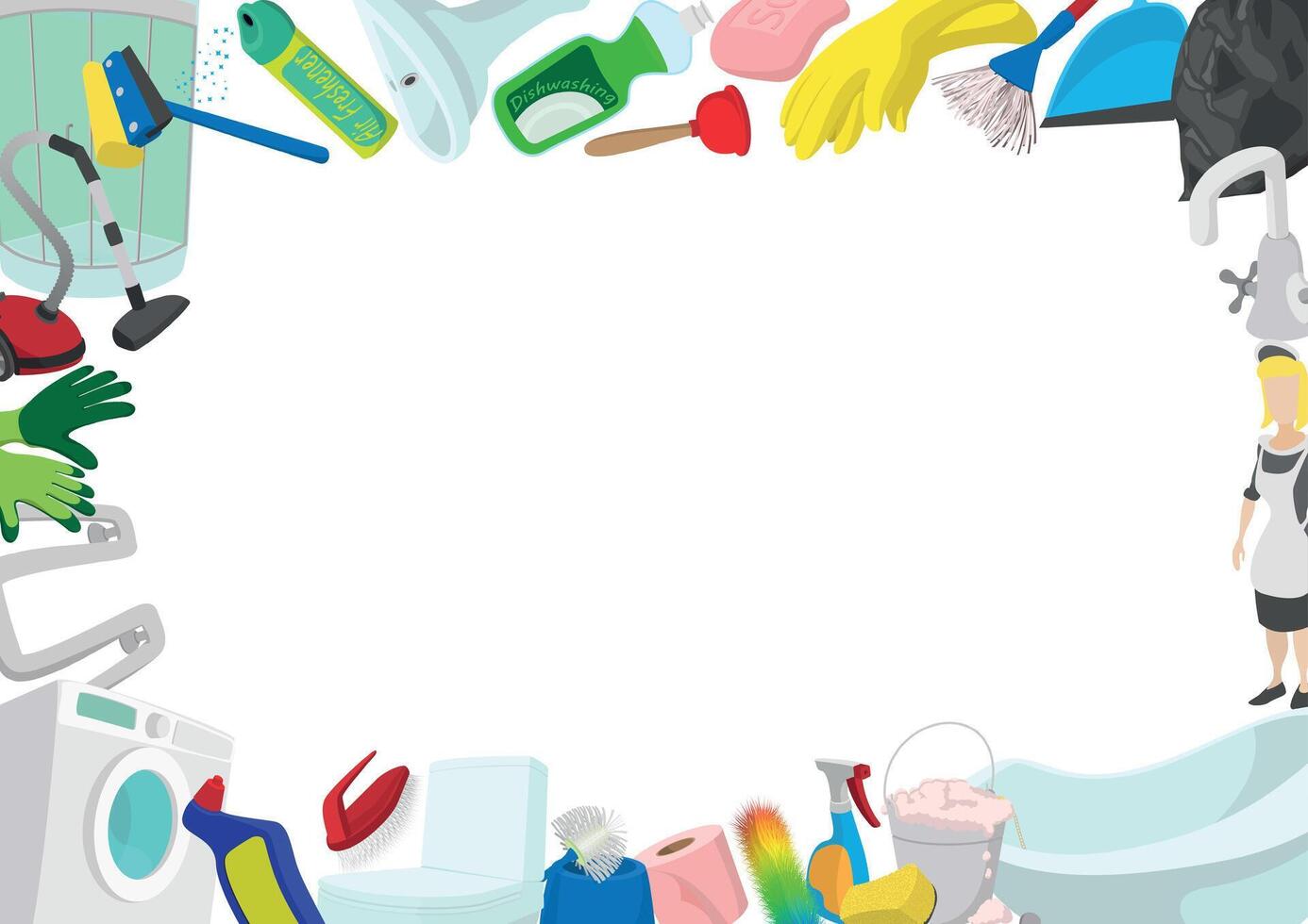 Cleaning supplies frame with maid and housekeeping tools surrounding copyspace vector