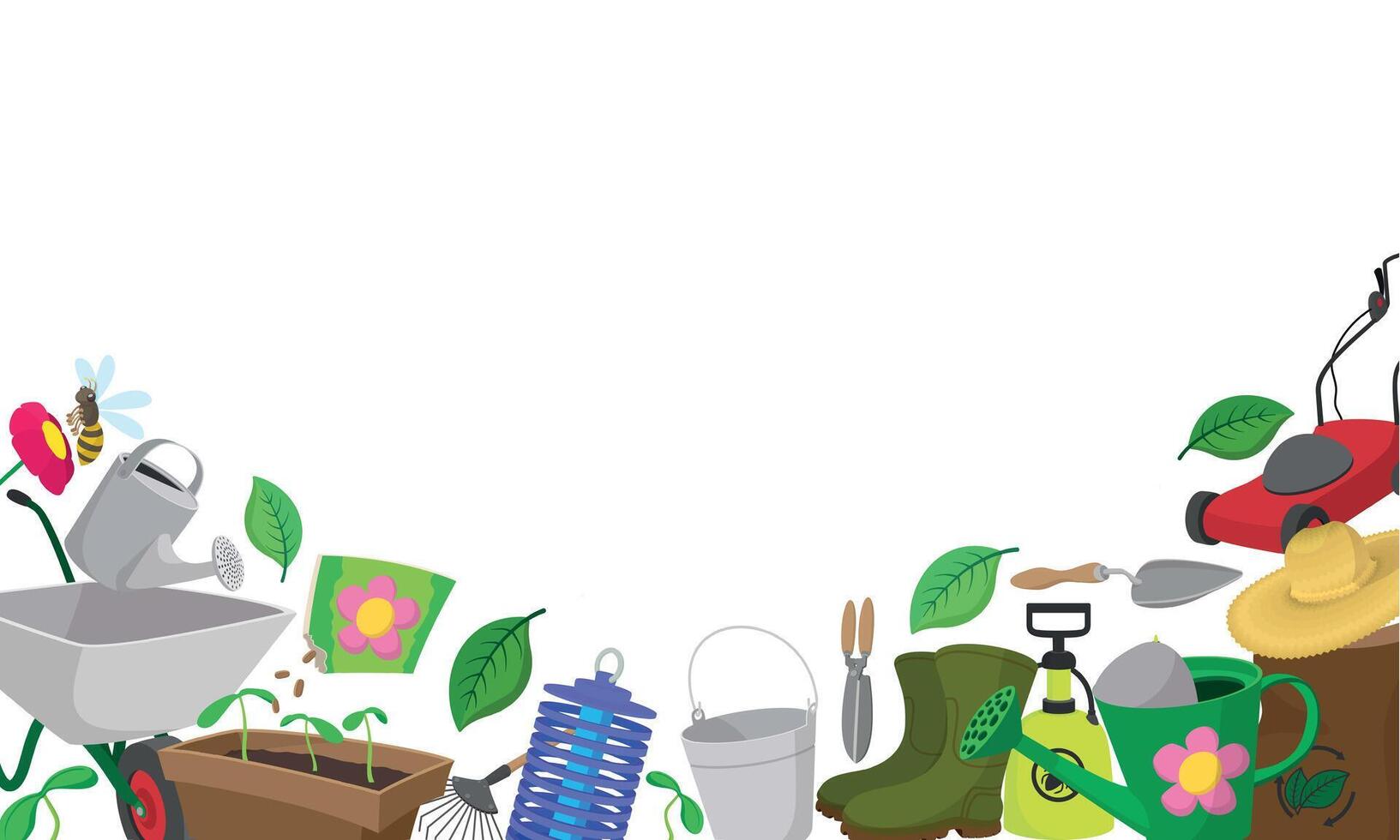 Gardening tools and equipment arranged on bottom border with copy space vector