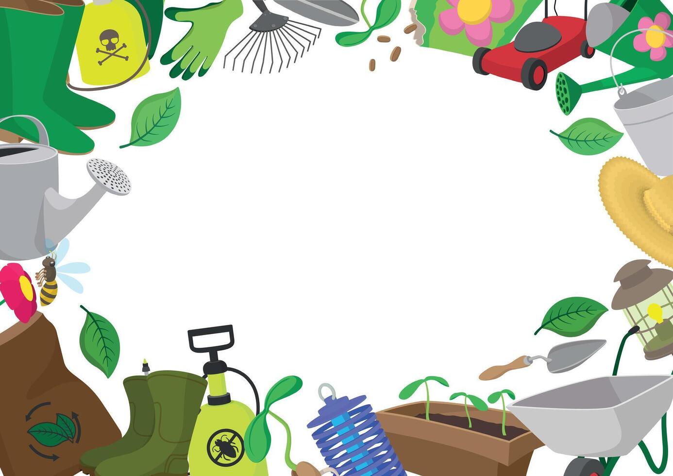 Gardening tools and equipment frame creating empty space for text vector