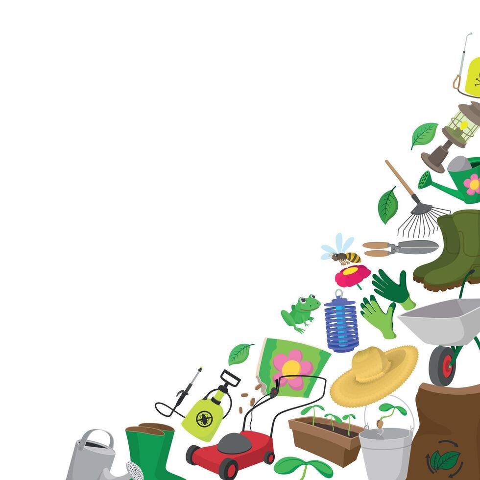 Gardening tools and insect repellent forming a border with copy space vector