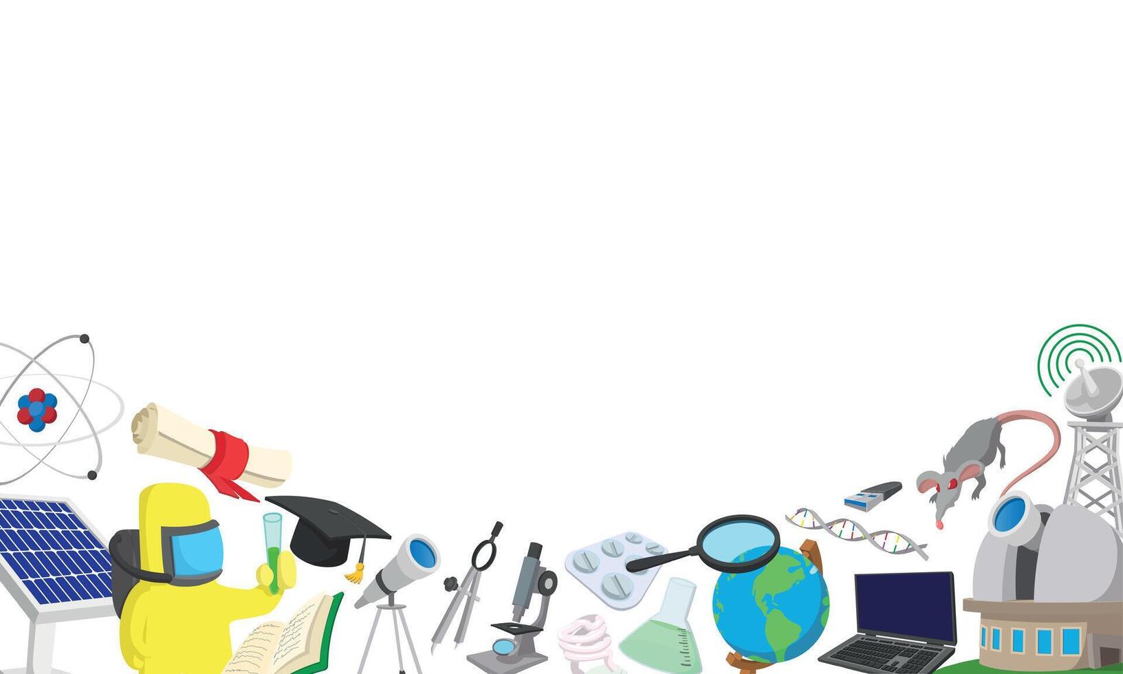 Science studying border with scientist, graduation, solar panel and observatory vector