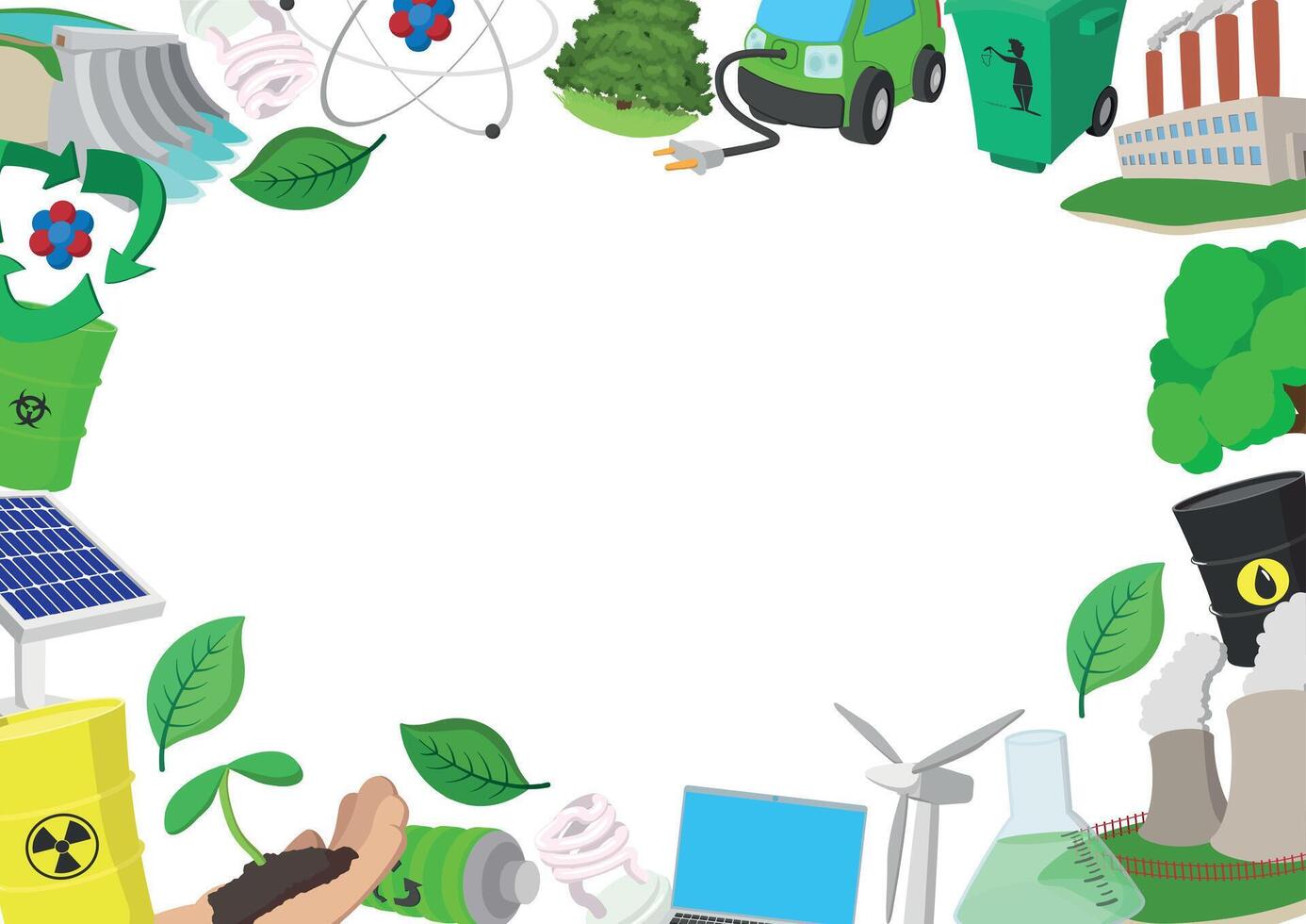 Ecology concept frame promoting green energy and recycling with cartoon icons vector