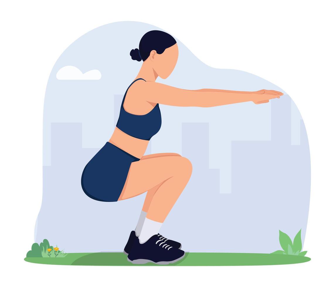 Woman doing Bodyweight squats exercise. Squat for training, workout and fitness for health. Female, lady and athlete bending, stretching and practice for endurance. vector