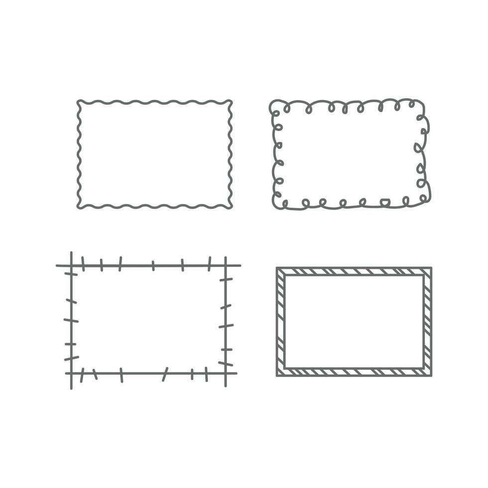 Cute hand drawn doodle frame set with wavy, spiral, stitched, and striped borders. Perfect for kids designs, scrapbooking, and creative projects. vector