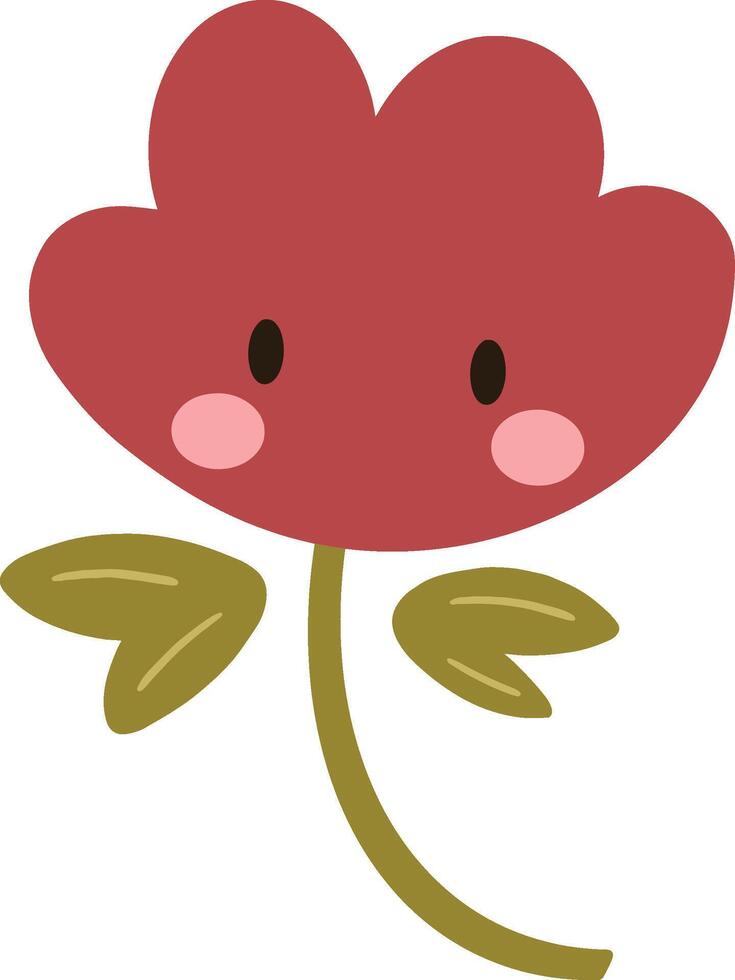 Cartoon flower with green stem and red flower with face and cheeks. vector