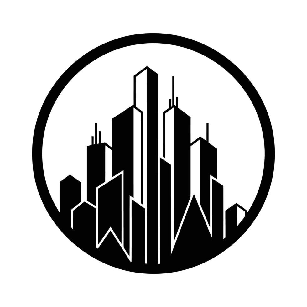 Black and White Cityscape Silhouette Inside a Circular Frame Logo. vector