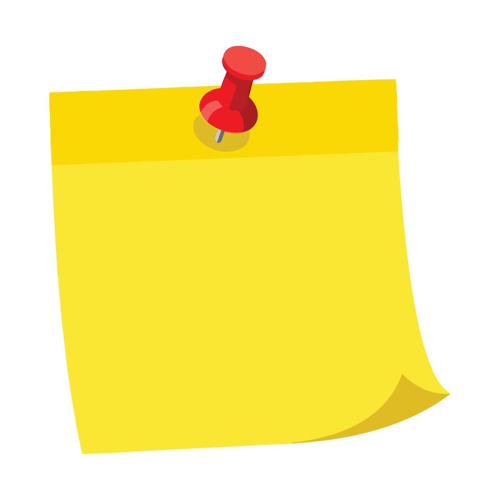 Yellow sticky note with red pushpin and curled corner. vector