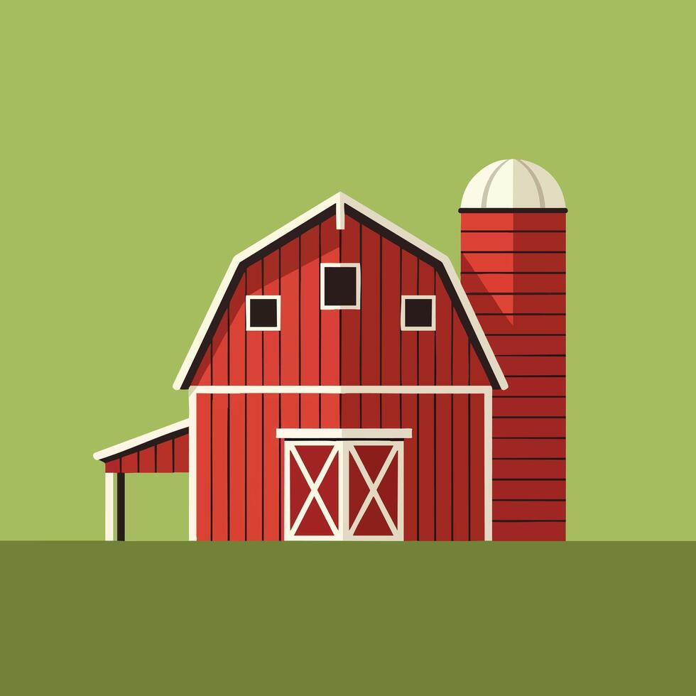 Red Barn with Silo on Green Field Farm Building Illustration. vector