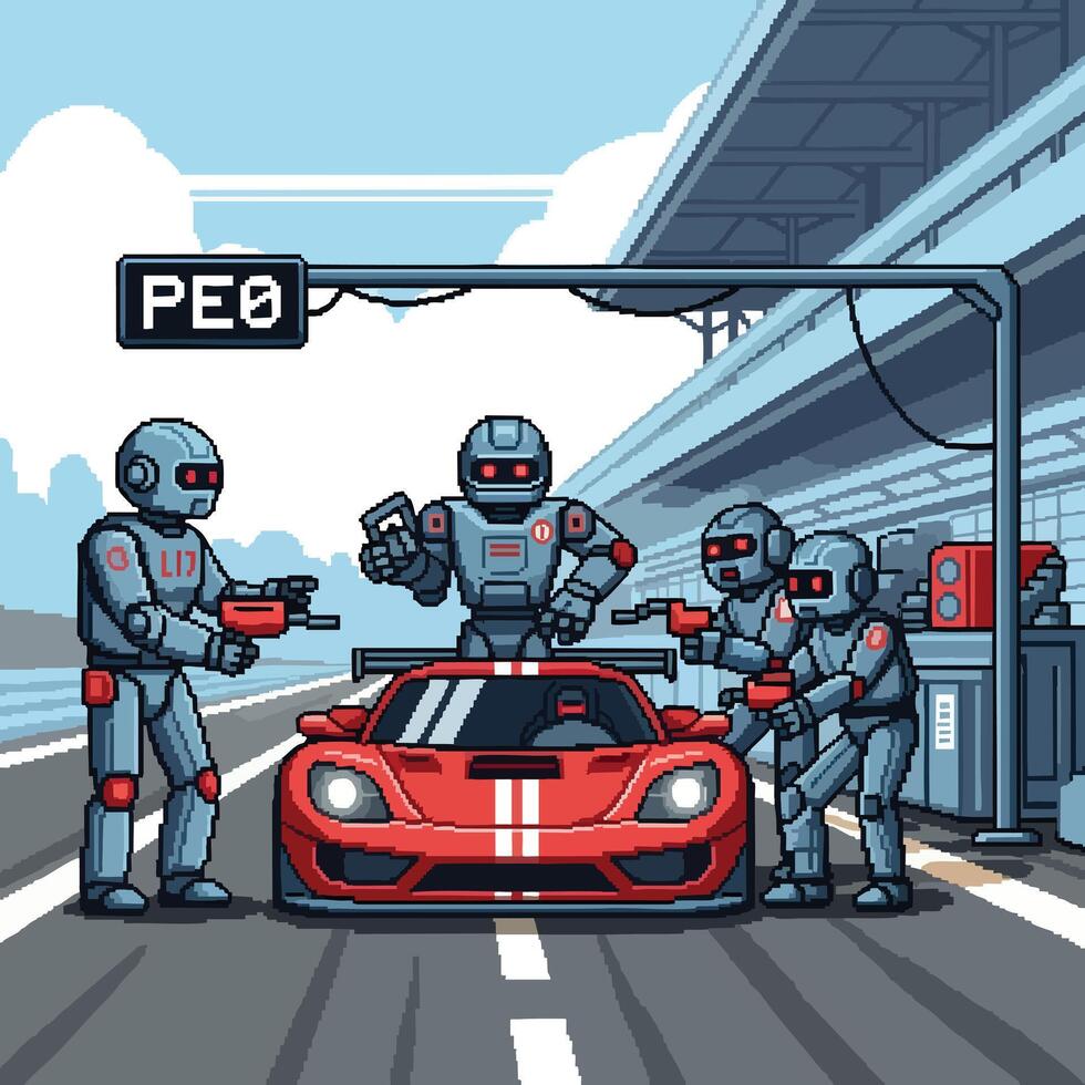 Pixel Art Robots Surrounding a Red Race Car. vector