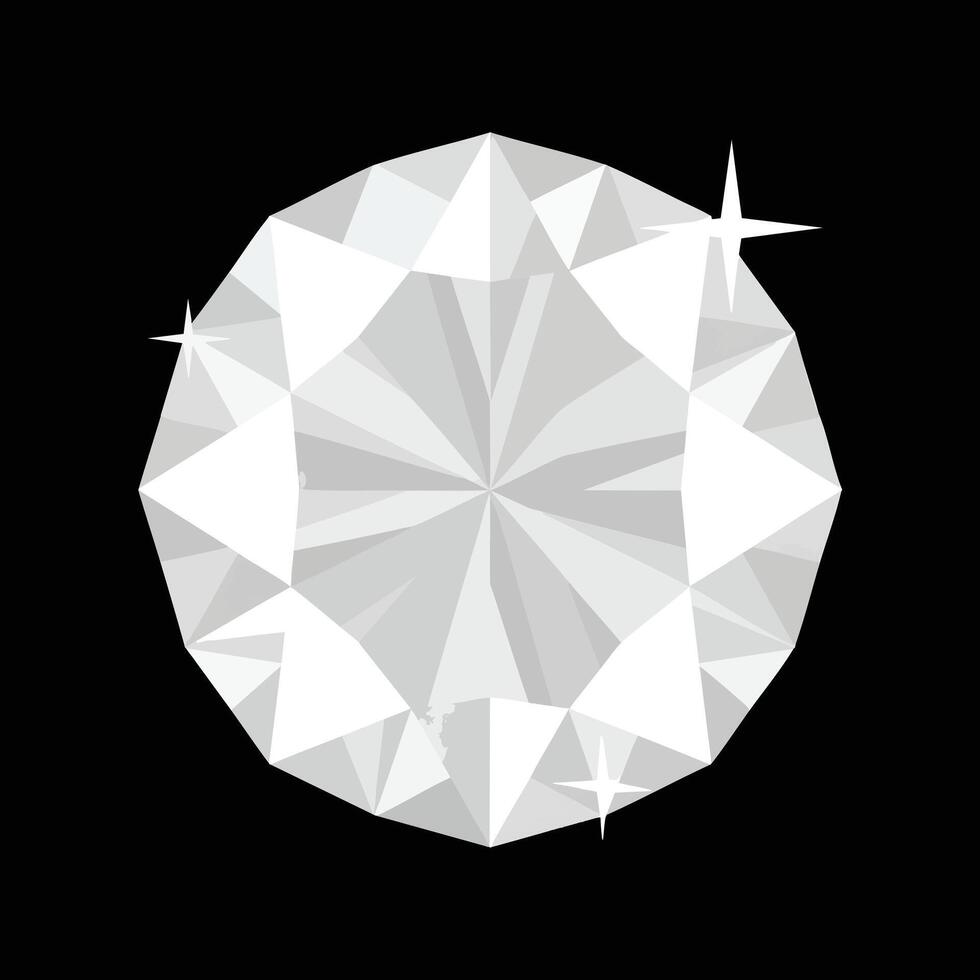 Sparkling White Diamond with Facets on Black Background. vector