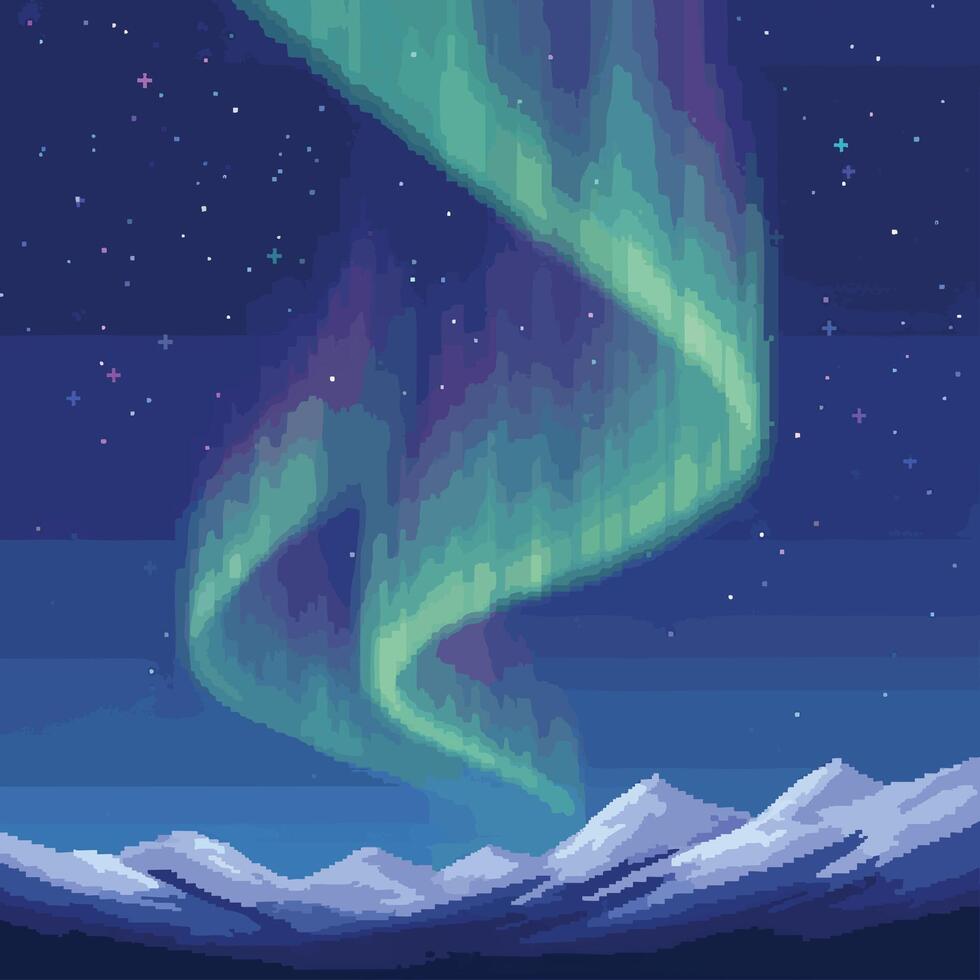 Pixel Art Aurora Borealis over Snowy Mountains. vector