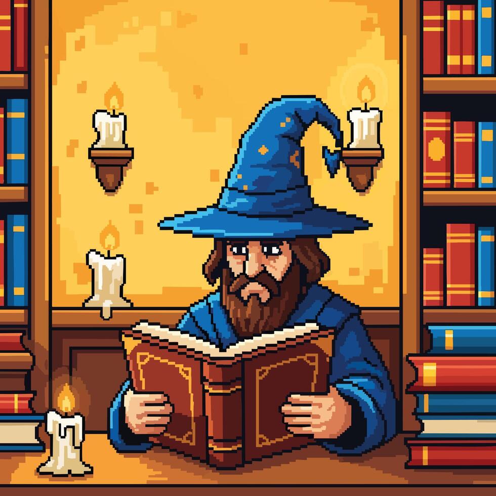 Pixel Art Wizard Reading Ancient Book in Library. vector