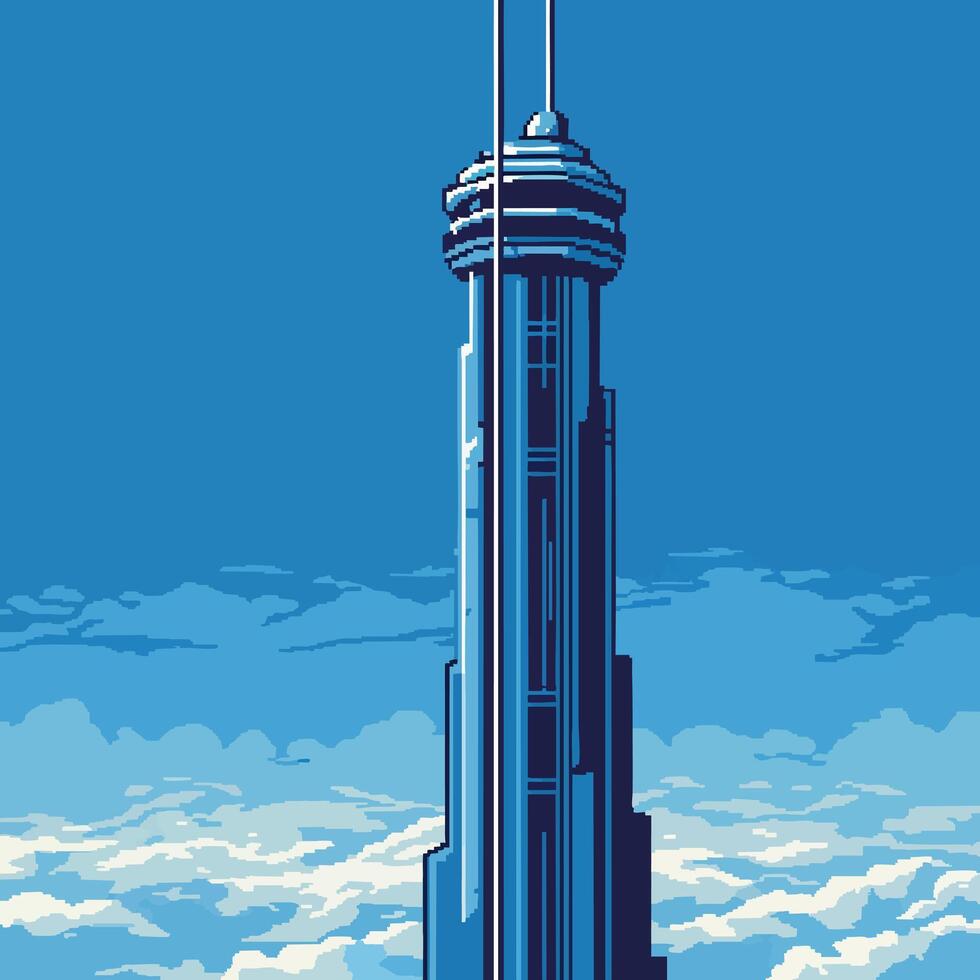 Futuristic blue observation tower rising above the clouds in pixel art style. vector