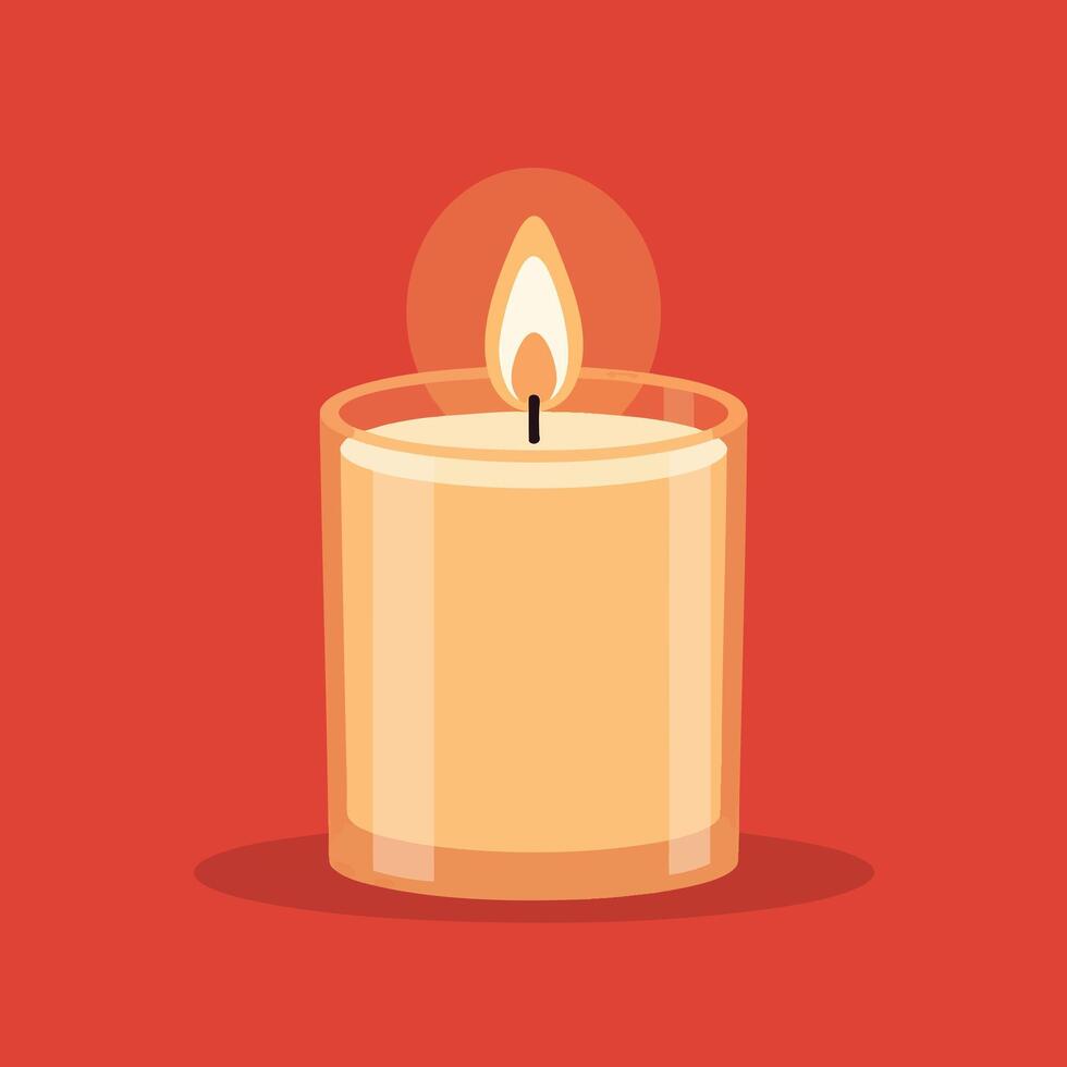 A single lit candle in a glass jar with a warm glow. vector