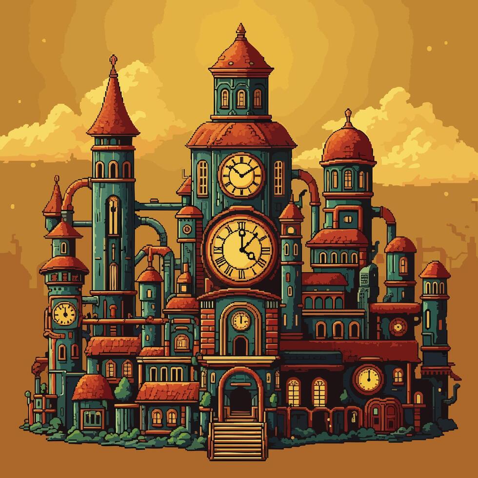 Intricate Pixel Art Steampunk Clockwork Castle with Multiple Towers. vector
