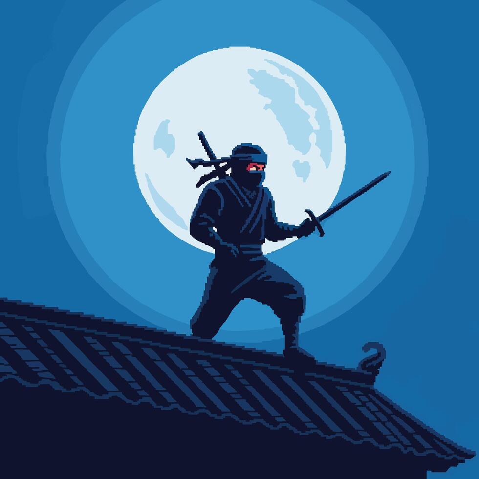 Pixel art ninja with a sword standing on a rooftop in front of a full moon. vector