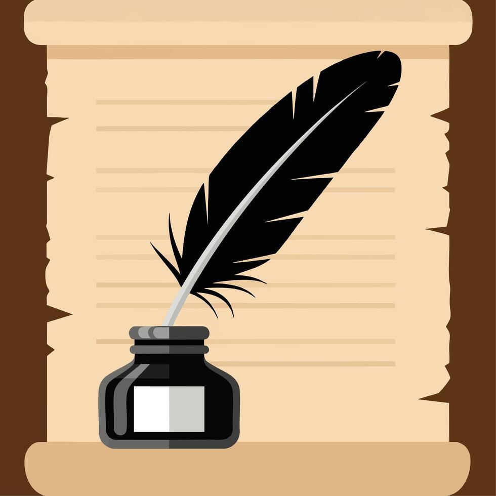 Black Quill Pen Resting in Inkwell on Lined Parchment Scroll. vector