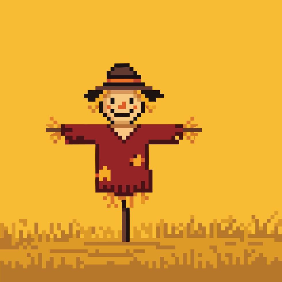 Pixel Art Scarecrow with Hat and Patches in a Field. vector