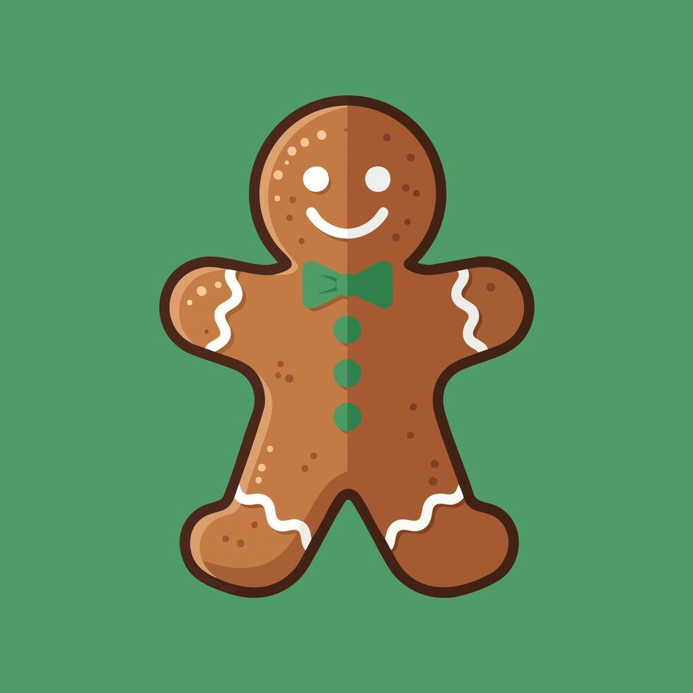 Happy Gingerbread Man Cookie with Green Bow Tie and Icing. vector