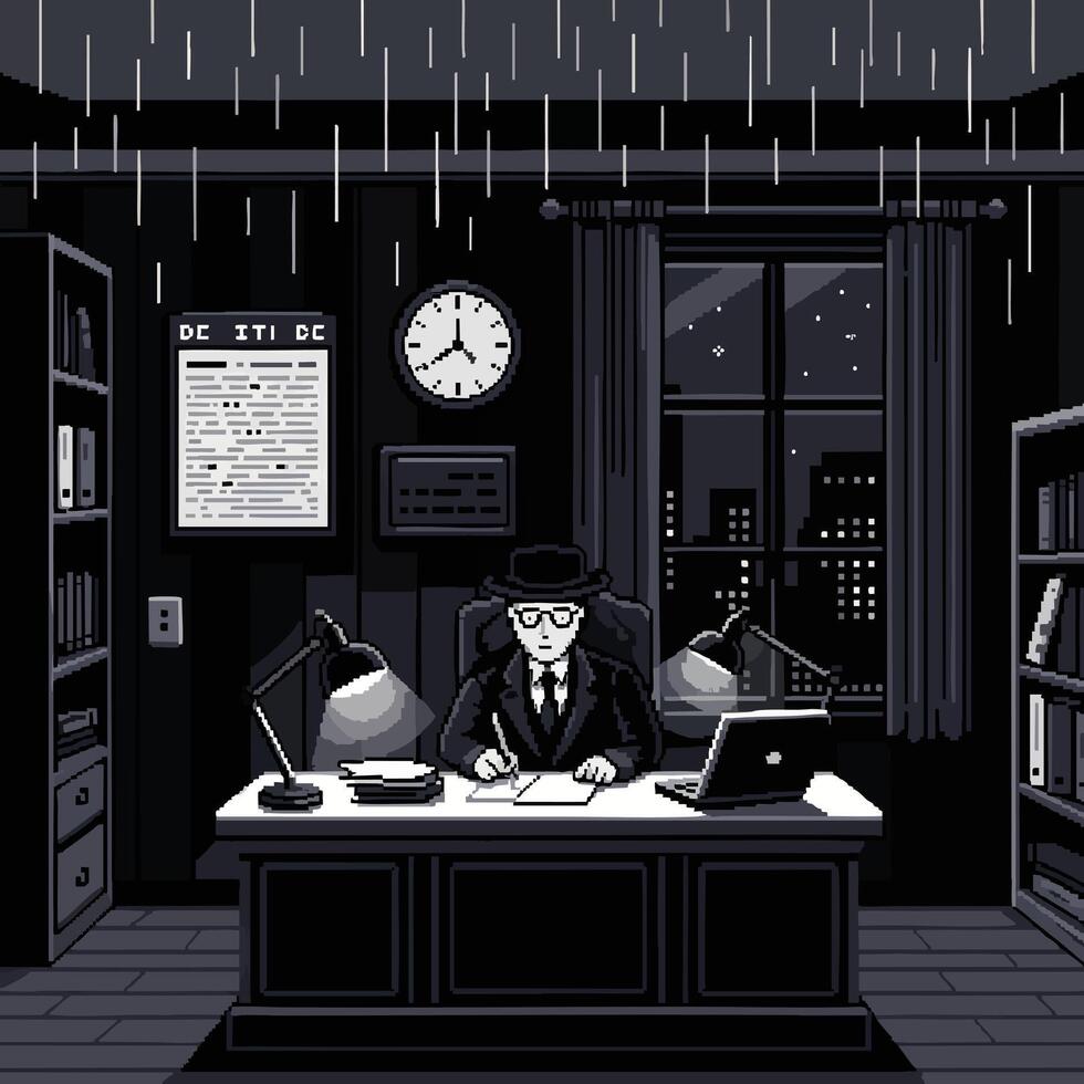 Pixel Art Man in Fedora Writing at Desk in Rain. vector