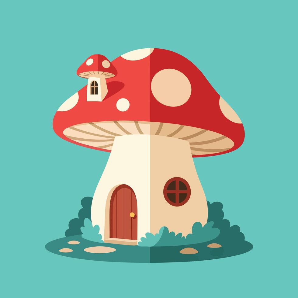 Charming Red Mushroom House with Small Window and Door. vector