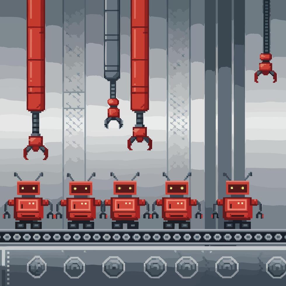 Pixel Art Red Robots on Factory Assembly Line with Robotic Arms. vector