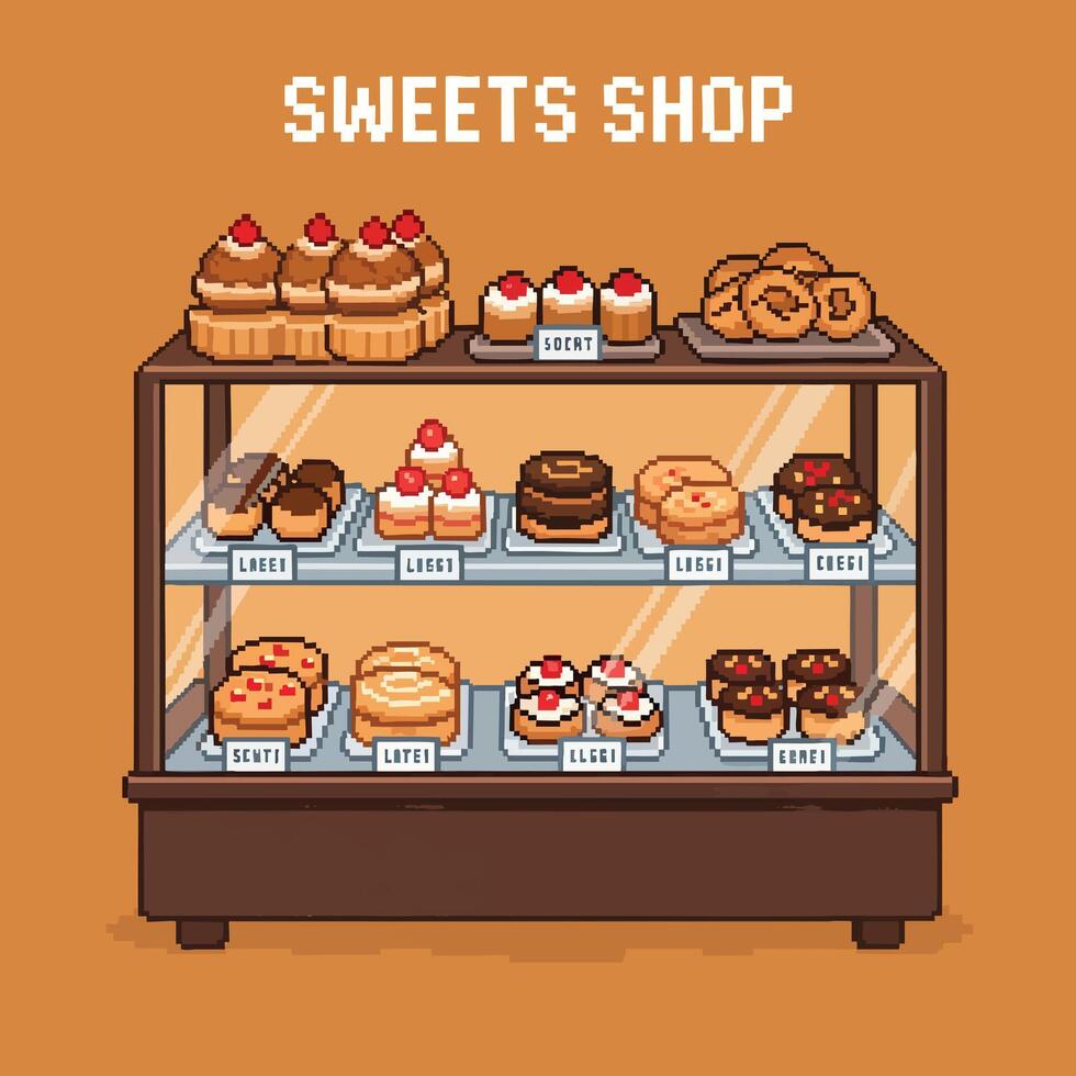 Pixel Art Sweets Shop Display Case with Pastries. vector
