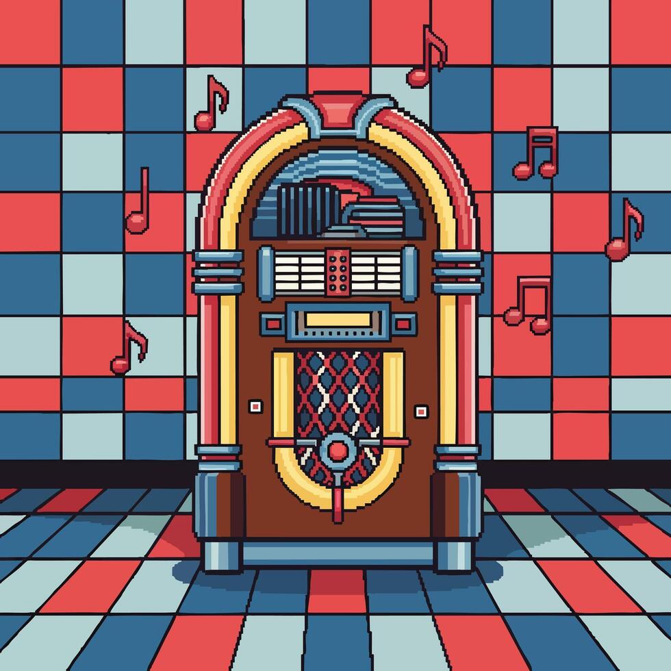 Retro Pixel Art Jukebox with Music Notes. vector