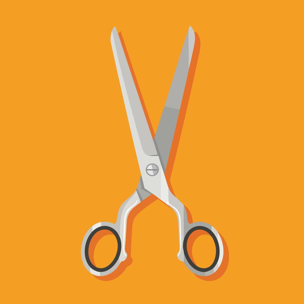 A pair of open silver scissors with black finger grips flat illustration. vector