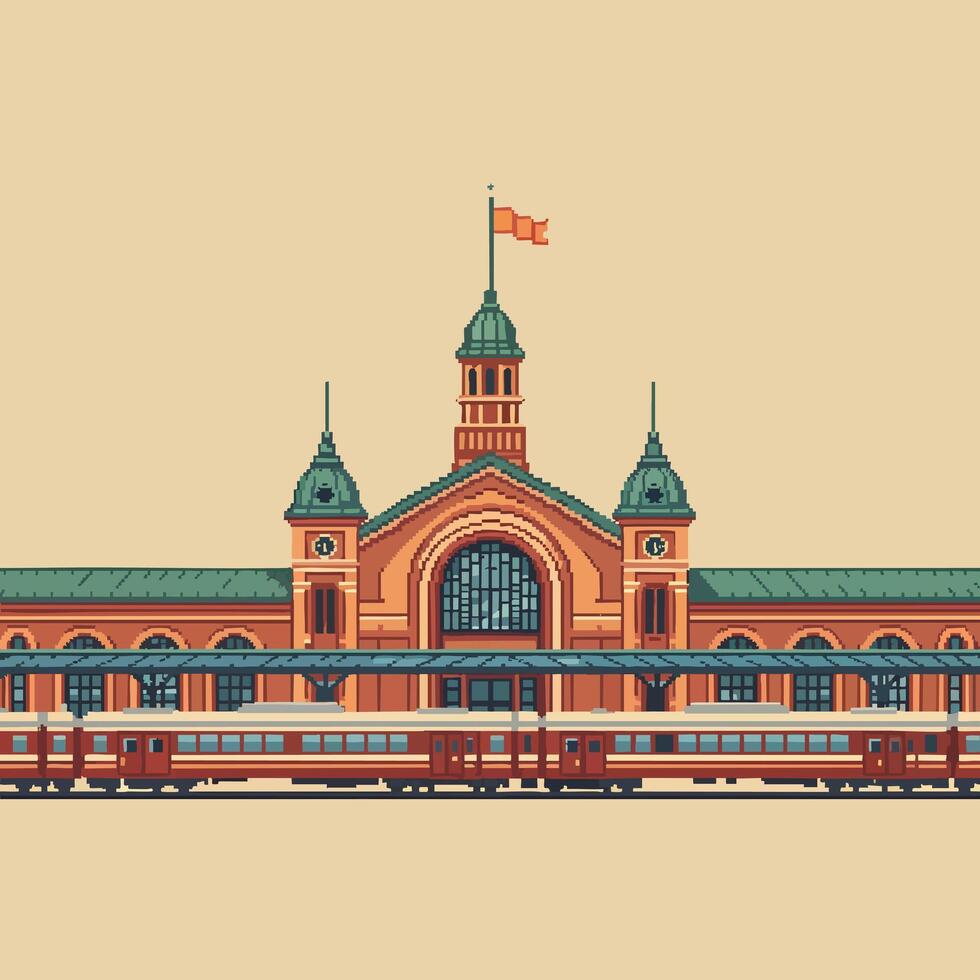 Pixelated Train Station with Red Train and Flag. vector