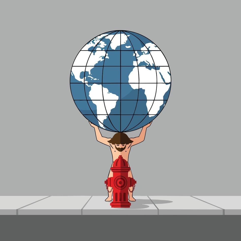 Atlas Barefoot and Bearded Supports the Globe Above a Fire Hydrant. vector