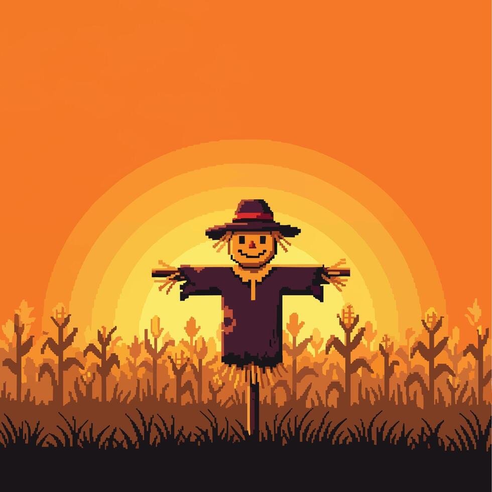 Smiling Pixel Art Scarecrow in Cornfield at Sunset. vector