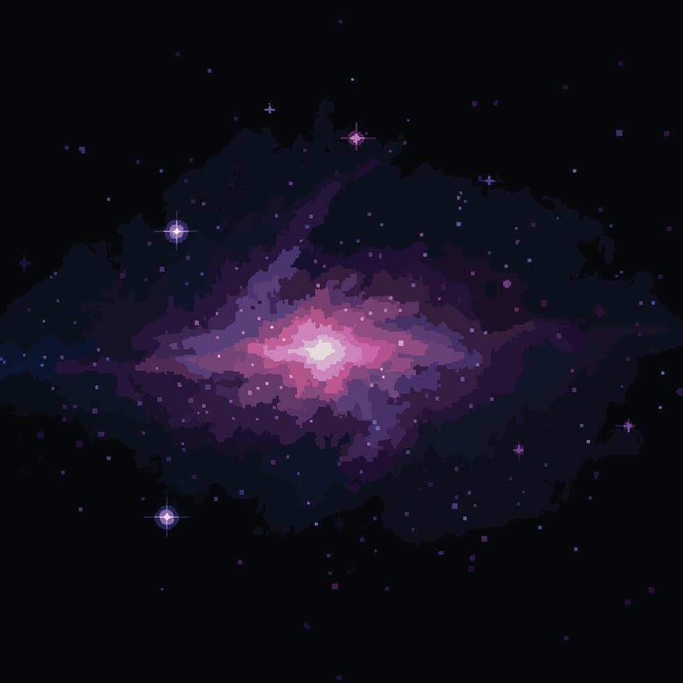 A glowing purple and pink spiral galaxy rendered in a retro 8-bit pixel art style. vector